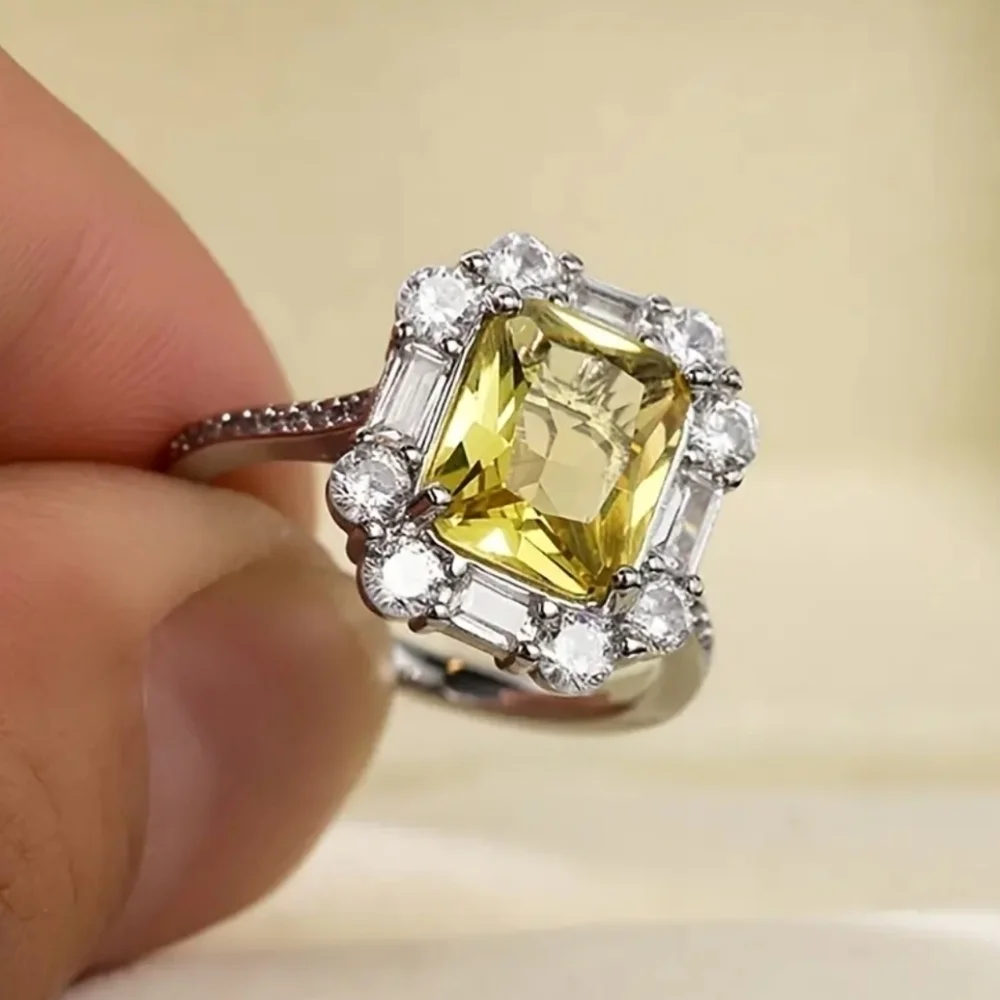 New Princess Square Cut Citrine Vice Stone Women Ring